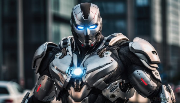 solo,looking at viewer,blue eyes,1boy,upper body,weapon,male focus,armor,blurry,blurry background,glowing,helmet,glowing eyes,science fiction,power armor,power suit,robot