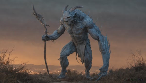 solo,1boy,holding,standing,full body,weapon,male focus,outdoors,horns,sky,teeth,holding weapon,tree,no humans,colored skin,grass,polearm,staff,claws,1other,monster,mountain,fantasy,holding staff,blue skin,alien,cloud,muscular,glowing,scenery,realistic,giant,loincloth,demon