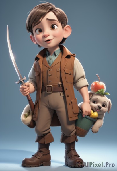 solo,looking at viewer,smile,short hair,open mouth,simple background,brown hair,shirt,1boy,holding,brown eyes,standing,full body,weapon,male focus,boots,parted lips,food,collared shirt,belt,pants,sword,holding weapon,vest,fruit,animal,blue background,brown footwear,holding sword,thick eyebrows,child,dog,apple,bucket,male child,brown pants,brown vest,bag,basket