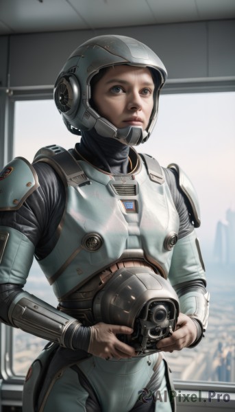 1girl,solo,looking at viewer,blue eyes,1boy,holding,male focus,signature,armor,lips,window,bodysuit,helmet,science fiction,realistic,pilot suit,pilot,gloves,indoors,uniform,headwear removed,serious,retro artstyle,dirty,spacecraft,helmet removed,spacesuit,holding helmet