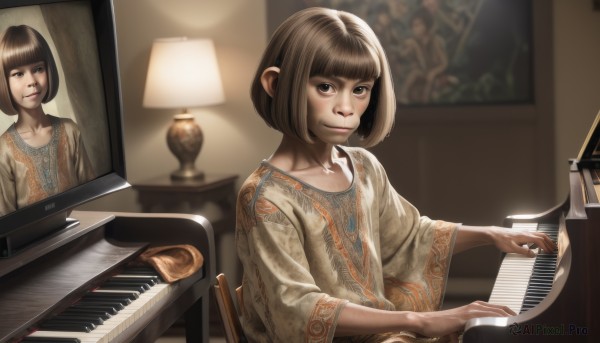 1girl,solo,looking at viewer,smile,short hair,bangs,brown hair,long sleeves,brown eyes,jewelry,sitting,closed mouth,collarbone,upper body,indoors,wide sleeves,blunt bangs,necklace,blurry,lips,chair,bob cut,instrument,realistic,nose,music,lamp,playing instrument,painting (object),piano,reference inset,photo inset,parody,fine art parody,portrait (object)