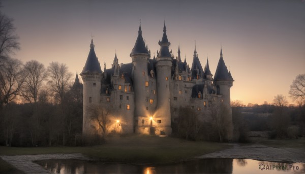 HQ,outdoors,sky,cloud,water,tree,no humans,grass,building,scenery,reflection,sunset,architecture,fireworks,bridge,bare tree,river,castle,tower,lake,church,reflective water,nature,forest,fantasy,road,path