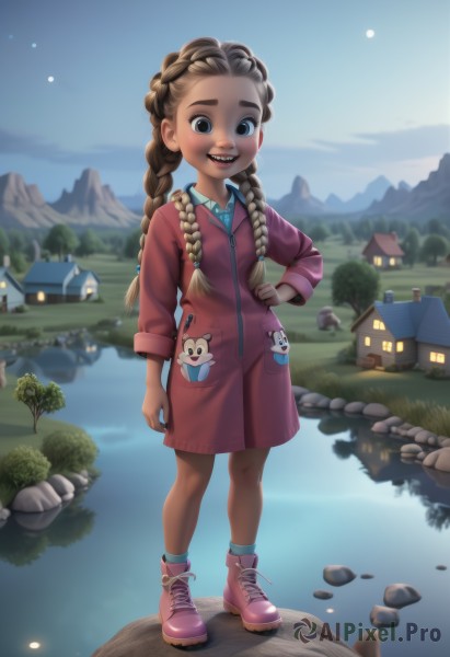 1girl,solo,long hair,looking at viewer,blush,smile,open mouth,brown hair,long sleeves,twintails,brown eyes,standing,full body,braid,boots,outdoors,sky,shoes,teeth,socks,dark skin,water,black eyes,twin braids,dark-skinned female,tree,lips,coat,hand on hip,night,moon,grass,building,child,star (sky),night sky,full moon,zipper,freckles,reflection,pocket,rock,mountain,pink footwear,female child,house,river,mountainous horizon,lake,tent,shirt,black hair,dress,:d,day,collared shirt,artist name,cloud,blue sky,upper teeth only,watermark,looking down,thick eyebrows,sneakers,forehead,cross-laced footwear,zipper pull tab,charm (object),stream