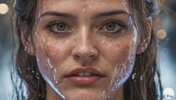 1girl,solo,long hair,looking at viewer,brown hair,black hair,brown eyes,parted lips,teeth,water,mole,blurry,lips,wet,eyelashes,depth of field,blurry background,portrait,close-up,freckles,reflection,realistic,nose,wet hair,mole on cheek,water drop