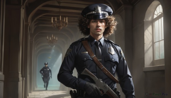 looking at viewer,brown hair,shirt,gloves,long sleeves,1boy,hat,holding,brown eyes,closed mouth,standing,jacket,weapon,male focus,multiple boys,necktie,solo focus,black gloves,collared shirt,belt,indoors,2boys,holding weapon,uniform,lips,black jacket,gun,window,black headwear,holding gun,black necktie,handgun,walking,curly hair,military hat,realistic,candle,holster,police,police uniform,policewoman,hallway,police hat,church,afro,chandelier,short hair,upper body,white gloves,military,military uniform,halo,helmet,blue shirt,peaked cap,rifle,pocket,light,breast pocket,bulletproof vest