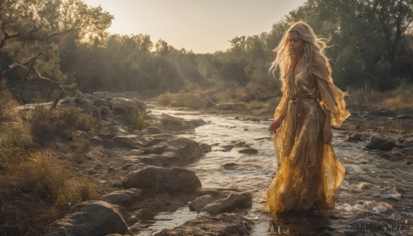 1girl,solo,long hair,long sleeves,dress,standing,white hair,outdoors,water,tree,wavy hair,sunlight,nature,scenery,wading,forest,walking,robe,rock,river,stream,closed mouth,day,dark skin,dark-skinned female,arms at sides,yellow dress