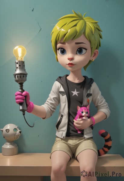 1girl,solo,short hair,blue eyes,blonde hair,shirt,gloves,holding,jewelry,sitting,jacket,tail,multicolored hair,earrings,green hair,open clothes,shorts,hood,star (symbol),two-tone hair,lips,black shirt,short shorts,hoodie,makeup,animal,piercing,cat,robot,ear piercing,child,single glove,stud earrings,very short hair,brown shorts,pink gloves,sleeves pushed up,sleeves past elbows,realistic