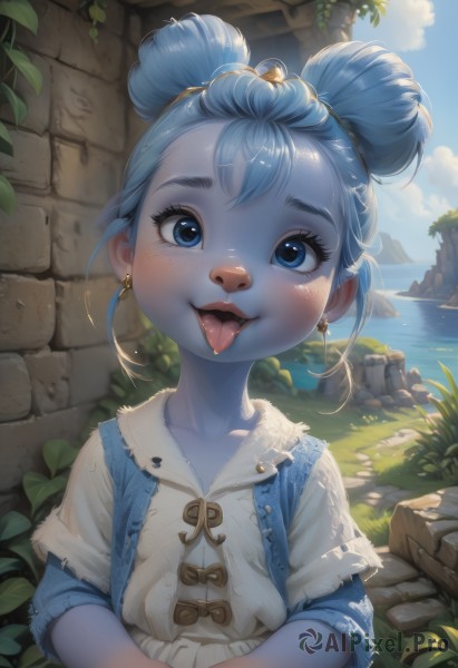 1girl,solo,looking at viewer,blush,smile,short hair,open mouth,blue eyes,shirt,dress,jewelry,blue hair,collarbone,white shirt,upper body,short sleeves,earrings,outdoors,sky,day,tongue,artist name,cloud,signature,tongue out,water,hair bun,blue sky,double bun,ocean,happy,sunlight,own hands together,grass,plant,child,furry,freckles,rock,furry female,horizon,female child,body fur,animal nose,snout,stone wall,bangs,hair ornament,lips,eyelashes,colored skin,leaf,thick eyebrows,:p,wall