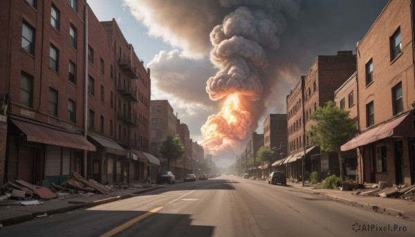 outdoors,sky,day,cloud,tree,blue sky,no humans,window,cloudy sky,fire,ground vehicle,building,scenery,motor vehicle,smoke,city,car,road,explosion,lamppost,street,destruction,crosswalk,debris