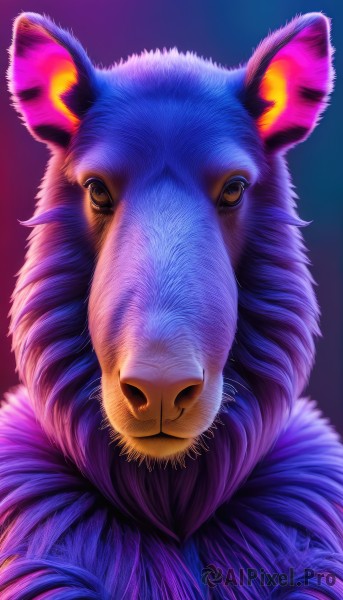 solo,looking at viewer,simple background,brown eyes,closed mouth,gradient,gradient background,no humans,animal,portrait,purple background,realistic,animal focus,whiskers,closed eyes,yellow eyes,artist name,signature,:3,watermark,blue background,facing viewer,web address