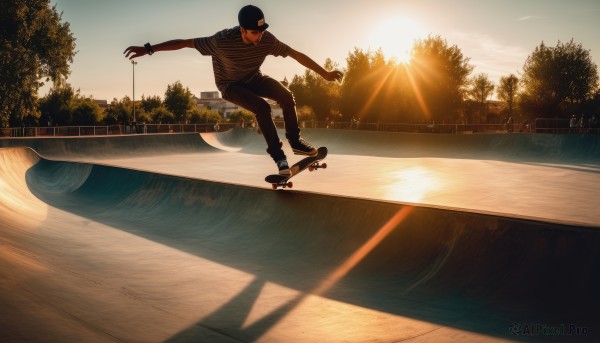 solo,shirt,black hair,1boy,hat,male focus,outdoors,sky,shoes,striped,pants,water,tree,black headwear,shadow,black pants,sunlight,building,sneakers,baseball cap,reflection,sunset,watch,striped shirt,sun,road,bridge,river,skates,skateboard,helmet,denim,ground vehicle,scenery,lens flare,jeans,bush,lake