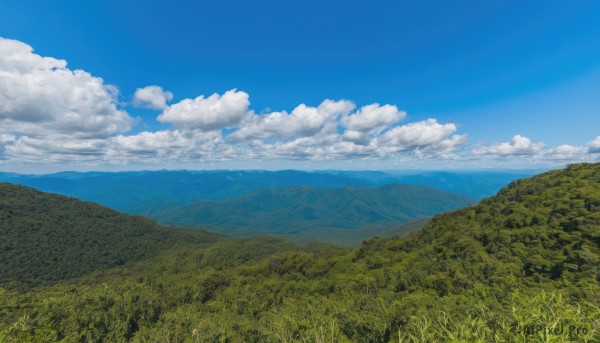 outdoors,sky,day,cloud,tree,blue sky,no humans,cloudy sky,grass,nature,scenery,forest,mountain,horizon,field,landscape,mountainous horizon,hill