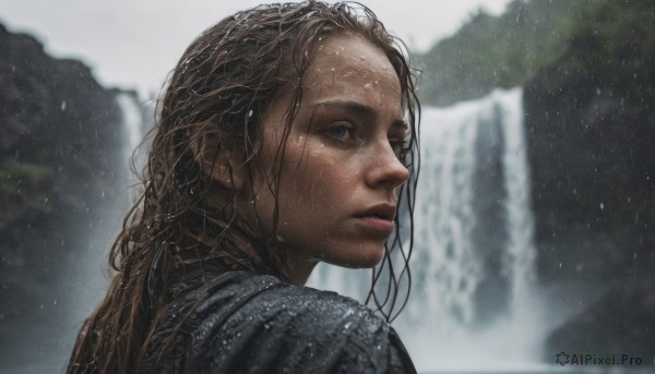 1girl, solo, long hair, blue eyes, brown hair, outdoors, water, blurry, lips, wet, blurry background, rain, realistic, nose, wet hair, waterfall