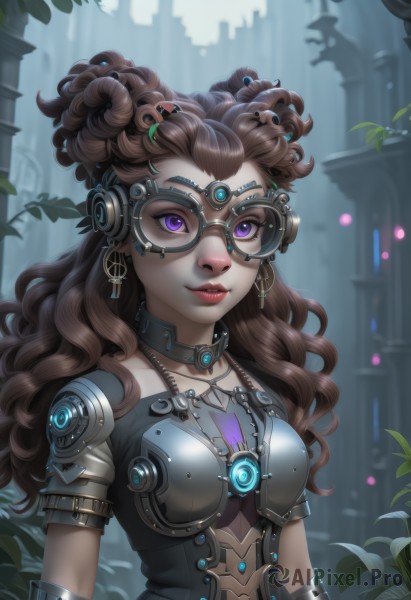 1girl,solo,long hair,breasts,looking at viewer,smile,brown hair,jewelry,medium breasts,purple eyes,upper body,short sleeves,earrings,glasses,choker,artist name,dark skin,necklace,armor,blurry,dark-skinned female,lips,eyelashes,makeup,leaf,watermark,wavy hair,plant,lipstick,goggles,curly hair,nose,red lips,dreadlocks,gorget,cross