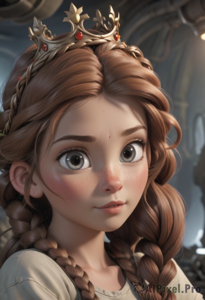 1girl,solo,long hair,looking at viewer,brown hair,brown eyes,braid,parted lips,artist name,blurry,twin braids,lips,grey eyes,blurry background,tiara,crown,portrait,forehead,freckles,realistic,nose,blush,bangs,shirt,dress,white shirt,upper body,black eyes,eyelashes,depth of field,facial mark,gem