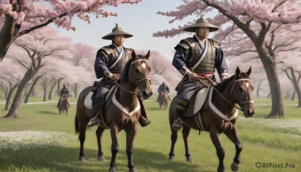 short hair,black hair,long sleeves,hat,holding,weapon,male focus,outdoors,japanese clothes,multiple boys,sky,day,sword,2boys,holding weapon,armor,tree,gun,facial hair,animal,grass,cherry blossoms,sheath,6+boys,riding,multiple others,horse,horseback riding,reins,saddle,smile,closed mouth,closed eyes,flower,kimono,blue sky,scar,holding sword,katana,scenery,scar on face,pink flower,sheathed,japanese armor,scabbard,black kimono,field,samurai