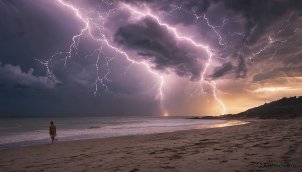 solo, 1boy, male focus, outdoors, sky, cloud, from behind, dutch angle, ocean, cloudy sky, scenery, horizon, electricity, lightning