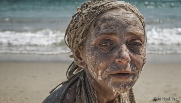 solo,looking at viewer,1boy,brown eyes,closed mouth,male focus,outdoors,day,water,blurry,blurry background,ocean,beach,portrait,realistic,sand,old,photo background,grey eyes,depth of field,facial hair,beard,wrinkled skin