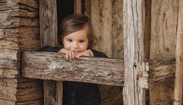 1girl,solo,looking at viewer,smile,short hair,blue eyes,brown hair,long sleeves,closed mouth,upper body,indoors,window,child,realistic,female child,wall,wooden wall,wood,from outside,lips