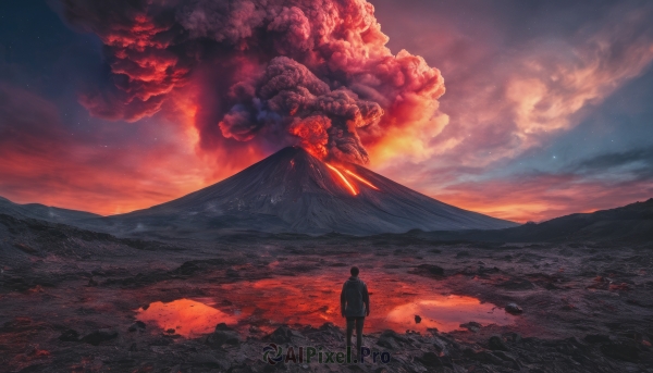 solo, 1boy, standing, outdoors, sky, cloud, from behind, cloudy sky, star (sky), scenery, starry sky, sunset, mountain, molten rock