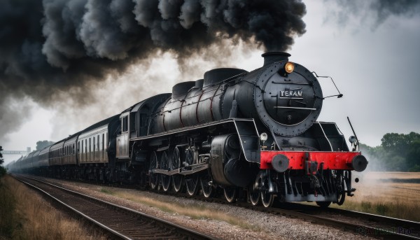 outdoors,sky,day,cloud,tree,military,no humans,grass,ground vehicle,motor vehicle,smoke,military vehicle,tank,vehicle focus,train,caterpillar tracks,railroad tracks,weapon,gun,machine gun