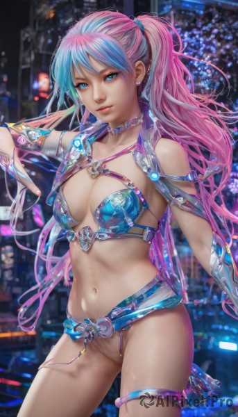 1girl,solo,long hair,breasts,looking at viewer,blue eyes,navel,cleavage,twintails,jewelry,medium breasts,blue hair,ponytail,pink hair,multicolored hair,cowboy shot,earrings,choker,belt,nail polish,armor,blurry,two-tone hair,lips,gradient hair,thigh strap,revealing clothes,realistic,bikini armor,standing,swimsuit,aqua eyes,no panties,blurry background,watermark,piercing,web address,science fiction,cyberpunk