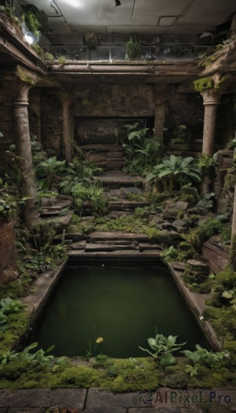 outdoors,day,no humans,grass,plant,scenery,stairs,ruins,vines,pillar,moss,overgrown,indoors,tree,leaf,sunlight,arch,column