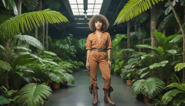 1girl,solo,looking at viewer,short hair,brown hair,shirt,hat,brown eyes,standing,full body,boots,belt,pants,indoors,tree,window,leaf,brown footwear,plant,palm tree,straw hat,potted plant,1boy,male focus,parted lips,lips,realistic,brown pants,wide shot,orange shirt,jumpsuit,orange pants