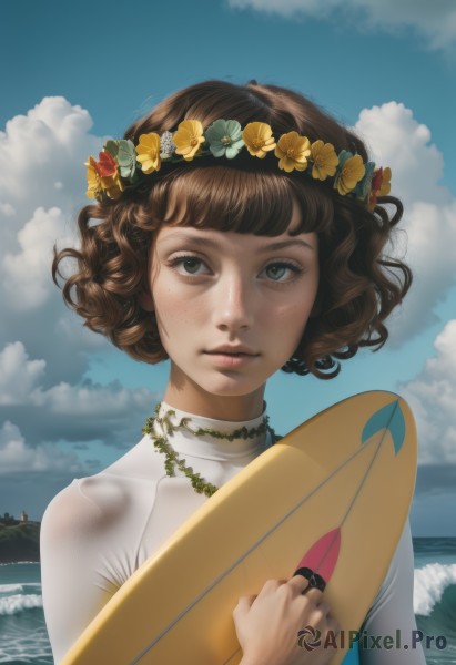 1girl,solo,looking at viewer,short hair,bangs,brown hair,shirt,hair ornament,holding,brown eyes,jewelry,white shirt,upper body,flower,outdoors,parted lips,sky,day,artist name,cloud,hair flower,water,blue sky,lips,ocean,watermark,beach,ring,cloudy sky,web address,freckles,curly hair,realistic,nose,head wreath,waves,surfboard,flower wreath,necklace,eyelashes,wreath