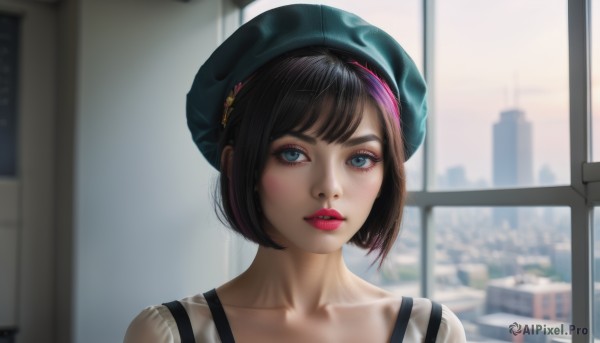 1girl,solo,looking at viewer,short hair,bangs,blue eyes,shirt,black hair,hat,collarbone,white shirt,pink hair,multicolored hair,parted lips,teeth,indoors,blurry,lips,eyelashes,window,makeup,blurry background,beret,bob cut,suspenders,lipstick,building,portrait,blue headwear,realistic,nose,green headwear,red lips,brown hair,upper body,sky,day,black headwear,eyeshadow,pink lips,city,cityscape,mascara