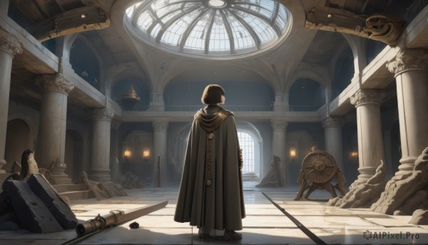 solo,short hair,brown hair,black hair,1boy,holding,standing,weapon,male focus,sword,indoors,hood,from behind,cape,window,shadow,brown footwear,sunlight,hood down,scenery,cloak,light particles,shield,robe,light rays,facing away,light,architecture,ruins,wide shot,hooded cloak,pillar,statue,church,arch,column,boots,multiple boys,sky,black footwear,book,night,star (sky),stairs,arms at sides,multiple others,ceiling