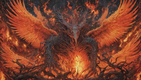 solo,red eyes,wings,horns,teeth,tree,no humans,glowing,bird,fire,glowing eyes,feathered wings,monster,branch,extra eyes,multiple wings,orange theme,spread wings,burning,artist name,red theme,large wings