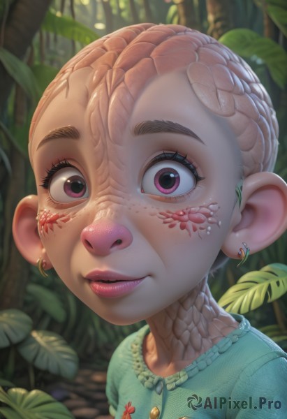 1girl,solo,looking at viewer,short hair,brown hair,shirt,jewelry,purple eyes,braid,earrings,outdoors,parted lips,pink eyes,blurry,lips,blurry background,leaf,plant,monster girl,child,portrait,nature,close-up,forest,freckles,realistic,nose,green shirt,female child,scales,lizard,tree,eyelashes,thick eyebrows