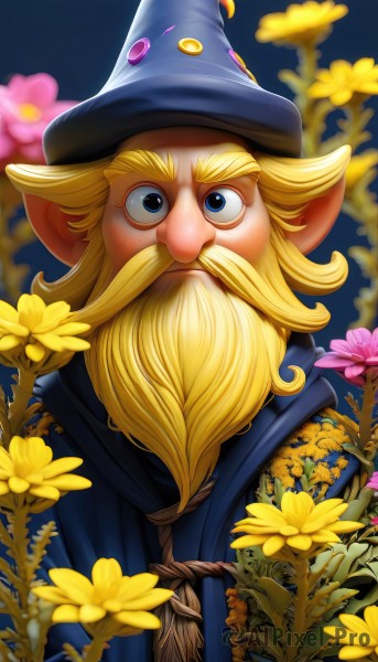 solo,looking at viewer,blue eyes,blonde hair,1boy,hat,upper body,flower,male focus,pointy ears,blurry,facial hair,blue background,beard,blue headwear,robe,yellow flower,mustache,wizard hat,wizard,long hair,artist name,thick eyebrows,pink flower