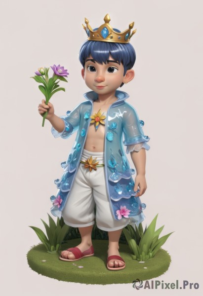 solo,smile,simple background,1boy,navel,holding,brown eyes,jewelry,blue hair,standing,full body,flower,male focus,earrings,open clothes,shorts,black eyes,see-through,open shirt,sandals,grass,crown,child,holding flower,male child,black hair,white background,flip-flops