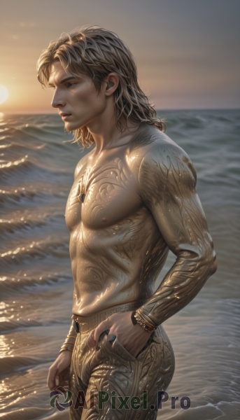 solo,long hair,blue eyes,brown hair,1boy,navel,jewelry,nipples,standing,male focus,cowboy shot,outdoors,parted lips,pants,artist name,medium hair,water,bracelet,from side,lips,wet,tattoo,profile,ocean,beach,sunlight,pectorals,topless male,sunset,hand in pocket,realistic,sun,blonde hair,sky,muscular,facial hair,scar,abs,muscular male,sand,gold,chest tattoo,shore,gold armor