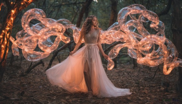 1girl,solo,long hair,skirt,brown hair,dress,bare shoulders,jewelry,standing,full body,outdoors,barefoot,sleeveless,dark skin,white dress,blurry,dark-skinned female,tree,see-through,bare arms,depth of field,blurry background,nature,tentacles,forest,walking,realistic,skirt hold,breasts,braid,pointy ears,elf,fantasy