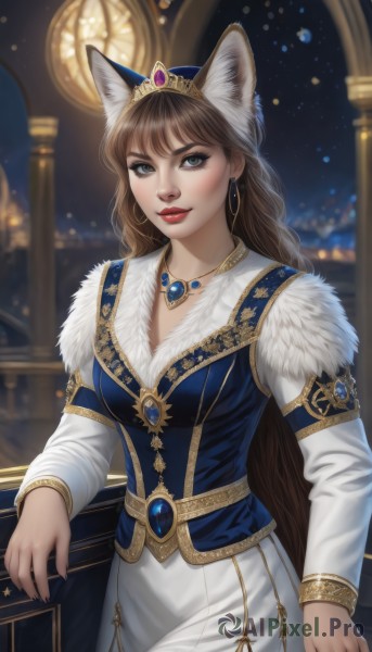 1girl,solo,long hair,breasts,looking at viewer,smile,bangs,skirt,brown hair,shirt,long sleeves,dress,animal ears,cleavage,brown eyes,jewelry,medium breasts,very long hair,earrings,artist name,necklace,blurry,vest,lips,animal ear fluff,grey eyes,fur trim,makeup,night,depth of field,blurry background,tiara,crown,gem,gold trim,clock,red lips,blush,closed mouth,standing,cowboy shot,sky,indoors,fox ears,window,wolf ears,hoop earrings,realistic