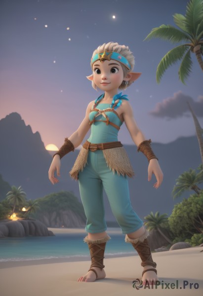 1girl,solo,smile,short hair,blonde hair,bare shoulders,brown eyes,jewelry,closed mouth,standing,full body,braid,outdoors,sky,barefoot,pointy ears,belt,pants,artist name,water,star (symbol),flat chest,tree,toes,night,headband,ocean,beach,child,star (sky),night sky,starry sky,toenails,rock,sand,palm tree,sun,toeless legwear,bracer,footprints,breasts,blush,brown hair,white hair,earrings,cloud,black eyes,lips,watermark,sandals,baggy pants,coconut