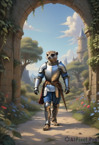 solo,1boy,standing,full body,weapon,flower,male focus,outdoors,sky,barefoot,day,belt,pants,sword,cloud,armor,tree,blue sky,no humans,helmet,cloudy sky,grass,plant,shoulder armor,gauntlets,sheath,scenery,furry,1other,walking,blue flower,pauldrons,sheathed,breastplate,fantasy,furry male,greaves,castle,knight,full armor,boots,animal,leaf,building,armored boots,bush,ruins,faulds,moss,ivy