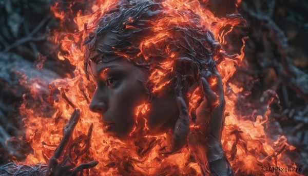 A peaceful image of a female in fiery dynamic scene