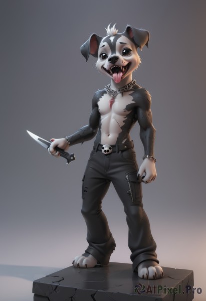 solo,looking at viewer,open mouth,simple background,1boy,navel,holding,animal ears,brown eyes,jewelry,standing,full body,weapon,white hair,male focus,barefoot,teeth,tongue,belt,pants,artist name,tongue out,grey background,necklace,holding weapon,black eyes,collar,bracelet,gradient,gradient background,tattoo,mask,chain,fangs,black pants,abs,knife,pectorals,sharp teeth,dog ears,black nails,furry,spikes,topless male,skull,dog,holding knife,dagger,furry male,body fur,spiked bracelet,holding dagger,dog boy,studded bracelet,1girl,breasts,smile,medium breasts,small breasts,torn clothes,muscular,genderswap,claws,genderswap (mtf),pendant,belt buckle,furry female,spiked collar,torn pants,no shirt,furrification