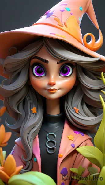 1girl,solo,long hair,looking at viewer,smile,bangs,simple background,shirt,hat,closed mouth,purple eyes,jacket,upper body,flower,grey hair,open clothes,grey background,star (symbol),open jacket,lips,black shirt,eyelashes,makeup,witch hat,thick eyebrows,plant,freckles,witch,pink jacket,star print,artist name,leaf,web address