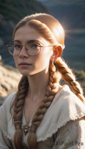 1girl,solo,long hair,looking at viewer,blue eyes,blonde hair,brown hair,dress,twintails,jewelry,closed mouth,upper body,braid,earrings,outdoors,glasses,day,artist name,necklace,white dress,blurry,twin braids,lips,grey eyes,depth of field,blurry background,sunlight,hair over shoulder,freckles,mountain,realistic,nose,round eyewear,brown-framed eyewear,multiple braids,parted lips,forehead,backlighting