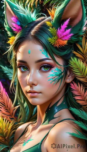 1girl,solo,long hair,breasts,looking at viewer,hair ornament,animal ears,cleavage,bare shoulders,jewelry,medium breasts,closed mouth,green eyes,collarbone,upper body,flower,earrings,green hair,artist name,hair flower,mole,lips,animal ear fluff,fox ears,eyelashes,tattoo,makeup,leaf,facial mark,plant,lipstick,portrait,extra ears,eyeshadow,freckles,pink lips,realistic,nose,red lips,spaghetti strap,eyeliner,mascara,multicolored hair,signature,gradient hair,close-up,facepaint