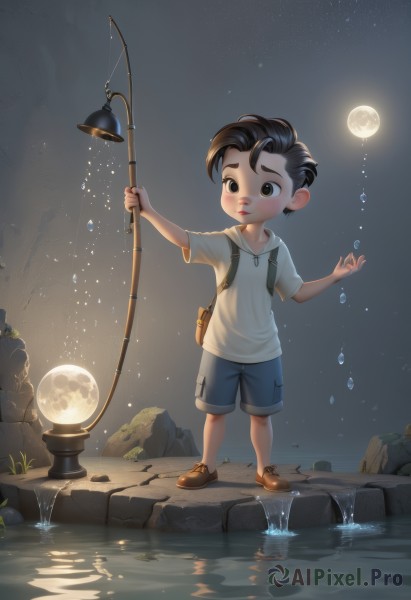 solo,short hair,shirt,black hair,1boy,holding,brown eyes,standing,full body,short sleeves,male focus,outdoors,sky,shoes,shorts,hood,water,bag,black eyes,hoodie,night,brown footwear,moon,thick eyebrows,backpack,hood down,child,star (sky),night sky,full moon,starry sky,blue shorts,rock,male child,fishing rod,artist name,aged down,lamp,stone,fishing,holding fishing rod