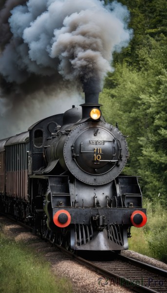 outdoors,sky,day,cloud,tree,military,no humans,grass,ground vehicle,nature,motor vehicle,forest,smoke,military vehicle,tank,vehicle focus,train,caterpillar tracks,railroad tracks,science fiction,turret,cannon