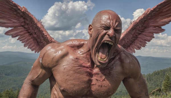 solo,open mouth,1boy,closed eyes,upper body,male focus,outdoors,wings,sky,teeth,day,tongue,cloud,blue sky,muscular,facial hair,pectorals,nature,feathered wings,veins,mountain,realistic,bald,shiny,shiny skin,blood,topless male,monster,injury,screaming