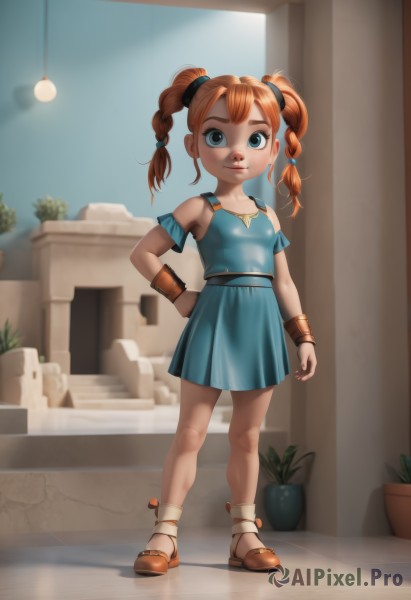 1girl,solo,long hair,looking at viewer,blue eyes,dress,bare shoulders,twintails,jewelry,standing,full body,braid,indoors,necklace,orange hair,twin braids,bracelet,lips,hand on hip,blue dress,short dress,sandals,plant,wristband,child,freckles,female child,potted plant,breasts,smile,skirt,shirt,shoes,socks,belt,blue skirt,brown footwear,blue shirt,bracer,flower pot