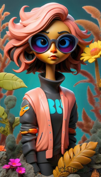 1girl,solo,looking at viewer,short hair,blue eyes,long sleeves,jacket,upper body,pink hair,flower,parted lips,open clothes,artist name,dark skin,vest,sweater,dark-skinned female,lips,makeup,colored skin,turtleneck,leaf,watermark,blue background,sunglasses,plant,lipstick,eyeshadow,nose,tinted eyewear,open vest,brown hair,shirt,glasses